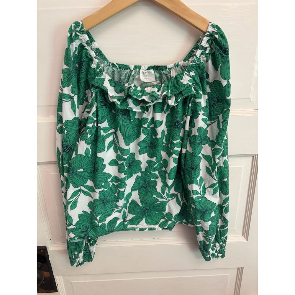 Crewcuts Girl's‎ Green Floral Ruffle Top 100% Cotton Ruffle Size Large